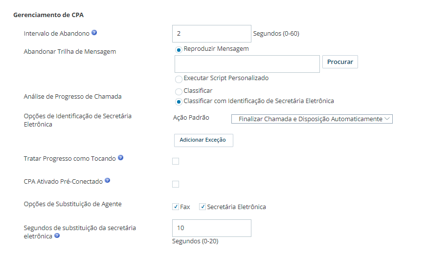 Captura de tela das configurações de gerenciamento de CPA para uma habilidade, encontradas no aplicativo ACD.