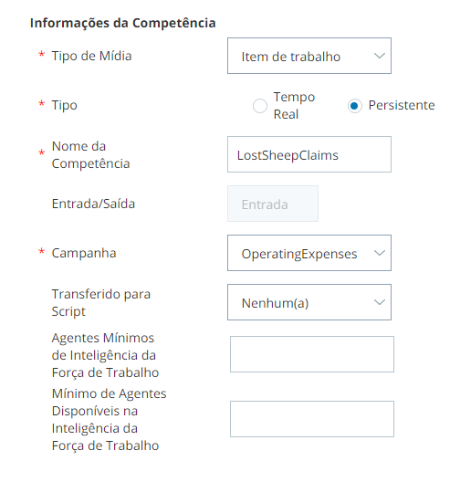 A página Informações da Competência no ACD, com os campos para Tipo de mídia, Nome da competência, Campanha, entre outros.