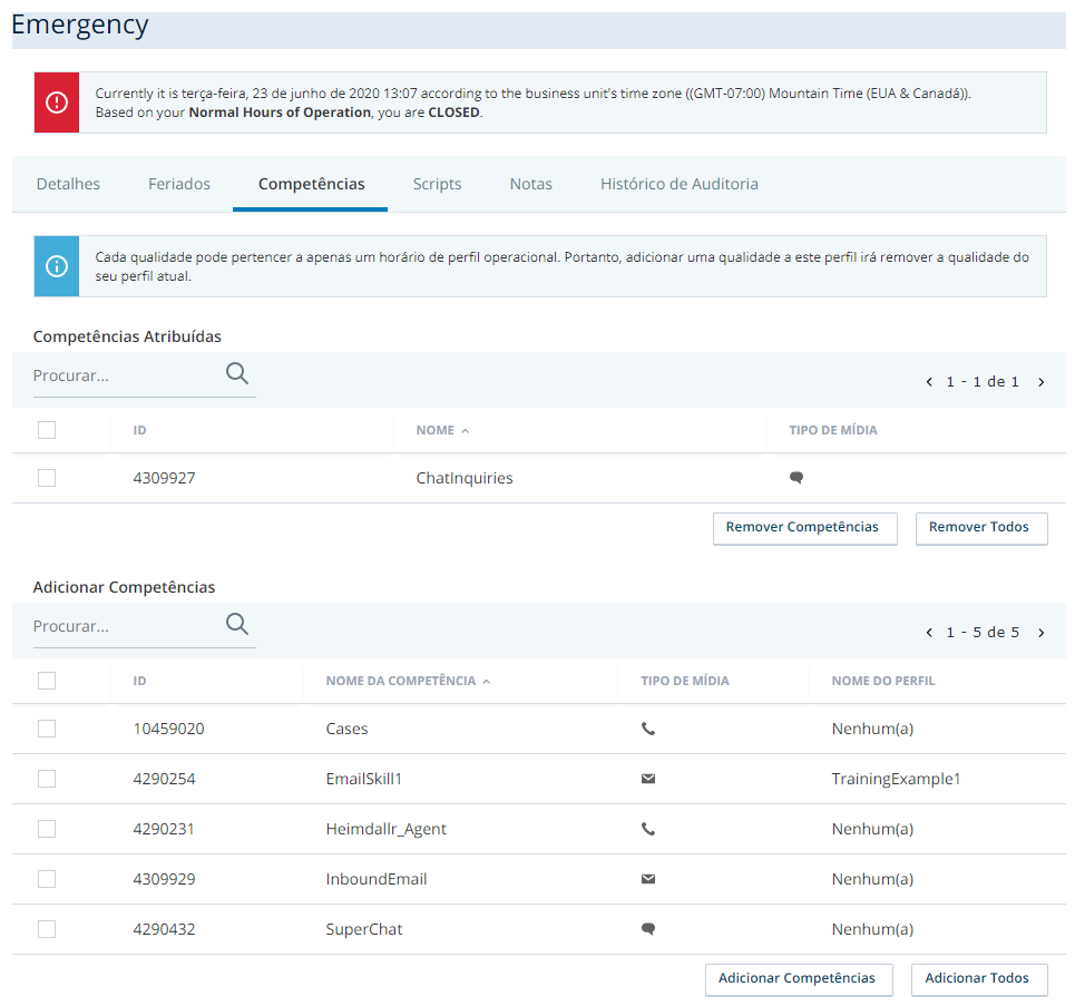 Imagem da guia Habilidades em um perfil de horas de funcionamento