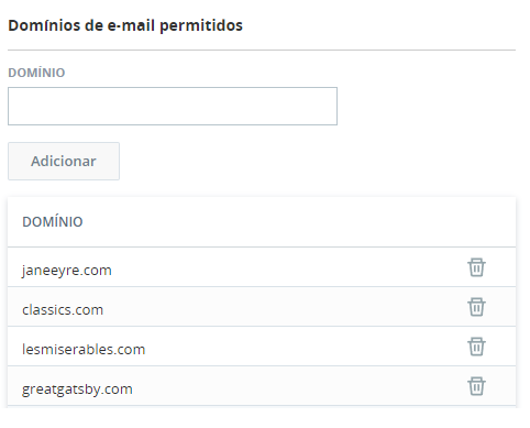 Imagem de uma lista de domínios de e-mail permitidos, incluindo um campo para adicionar mais domínios.