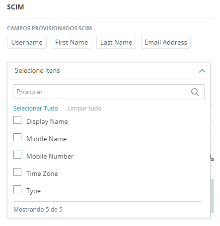Imagem da lista suspensa de campos provisionados pelo SCIM na página Gerenciar Configurações de Conta.