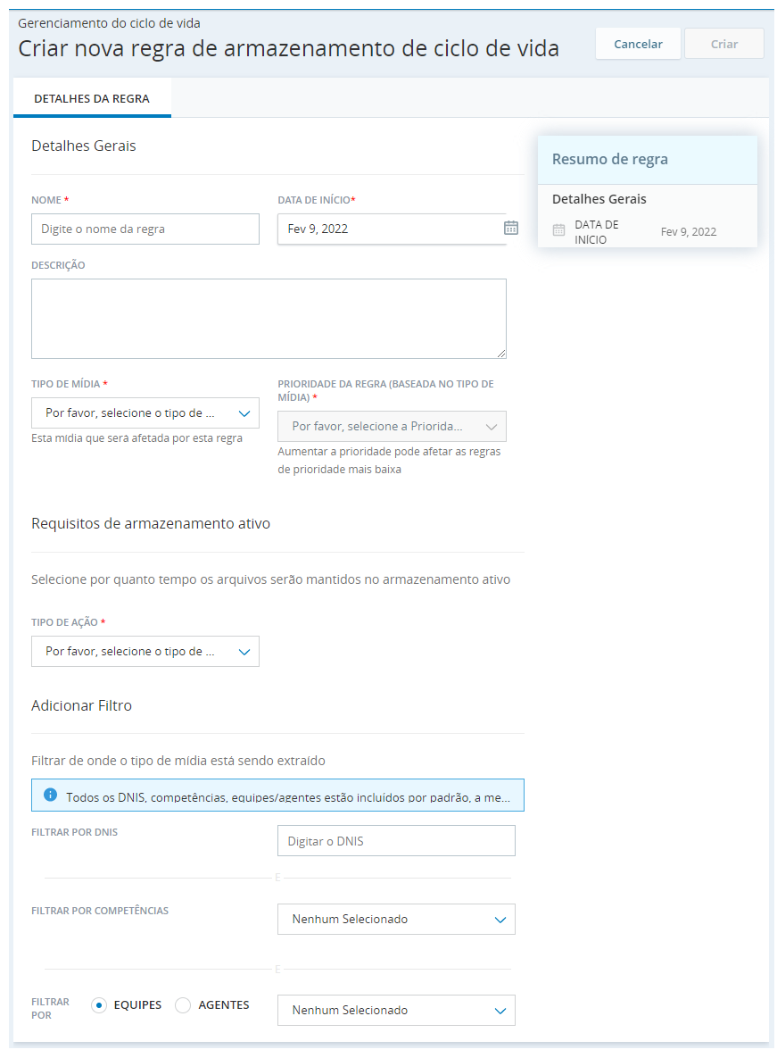 A página de regras Create New Life Cycle Storage, onde você pode criar uma nova regra para gerenciar arquivos no Cloud Storage.