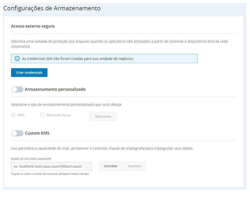 Captura de tela da página Configurações de armazenamento, onde as credenciais de acesso externo seguro (SEA) podem ser definidas.