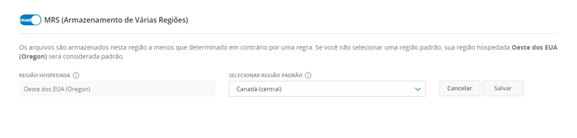 Imagem da página Configurações de Armazenamento com MRS (Armazenamento multirregional) ativado