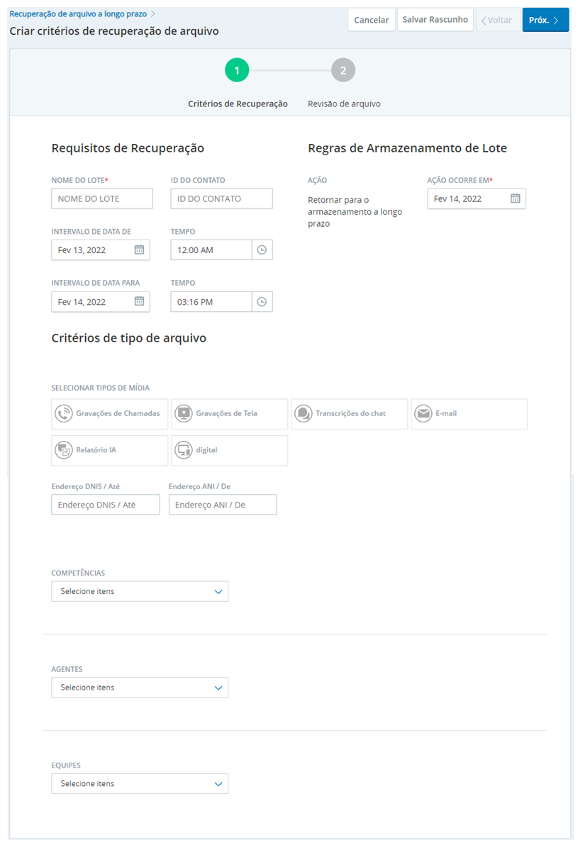 A página Criar Critérios de Recuperação de Arquivo, mostrando as opções para filtrar uma solicitação de recuperação de arquivo.