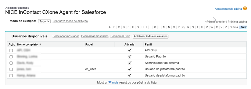 Lista de usuários em Gerenciar licenças para o NICE inContact CXone Mpower Salesforce Agent.