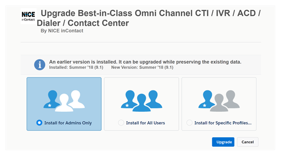 O pacote de instalação do Salesforce Agent, com três opções: Instalar somente para admins, Instalar para todos os usuários e Instalar para perfis específicos.