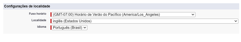 A seção Configurações de localidade da página Usuários no Salesforce.