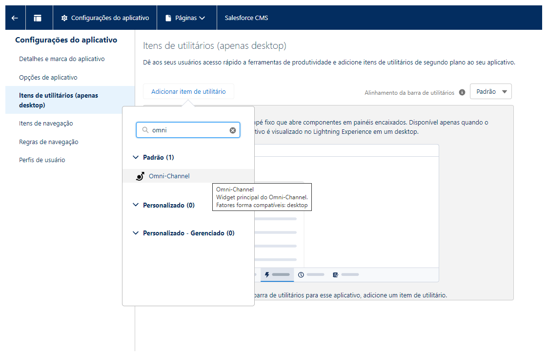 A página Itens do utilitário do Lightning App Builder. O botão Adicionar item do utilitário é clicado e a caixa de pesquisa contém a palavra "Omni".