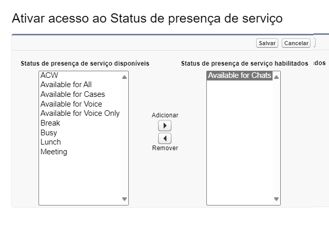 O formulário Habilitar status de presença de serviço. Status disponíveis à esquerda, status habilitados à direita. Opções para Adicionar e Remover no meio.