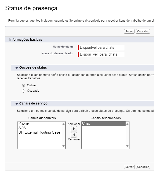 O formulário Status de presença, com campos para Nome do status, Nome do desenvolvedor e seções para Opções de status e Canais de serviço.