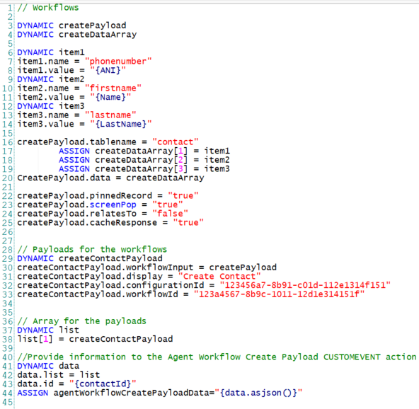 JSON com quatro seções: fluxos de trabalho, cargas para os fluxos de trabalho, matriz para as cargas úteis e informações para a ação CUSTOMEVENT.