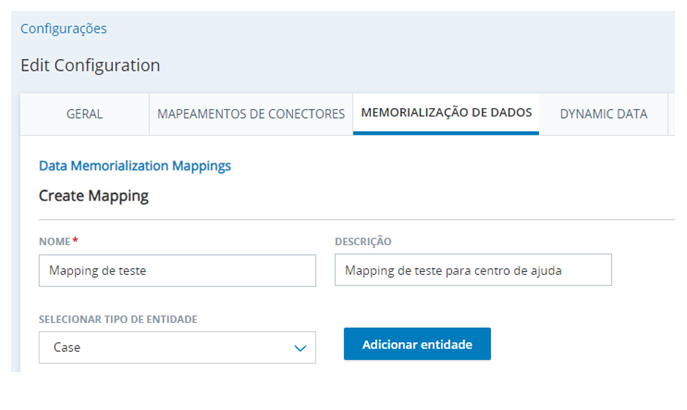 A guia Mapeamento de dados na página Configurações do CXone, com campos de Nome, Descrição e Selecionar tipo de entidade, bem como um botão + Adicionar entidade.
