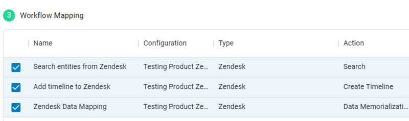 Na seção Mapeamento de fluxo de trabalho, entidades de pesquisa do Zendesk e Memorialização de dados são selecionados.