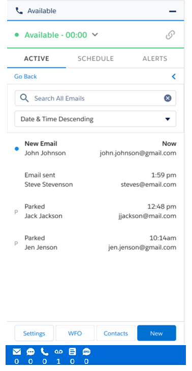 A guia Ativo no Salesforce Agent Lightning, exibindo vários e-mails.