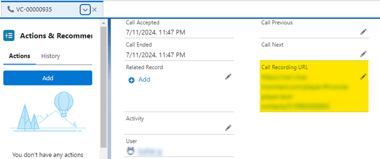 Um registro de chamada de voz é aberto no Salesforce. Na seção Layout de Chamada de Voz, o campo URL da Gravação de Chamada é realçado.