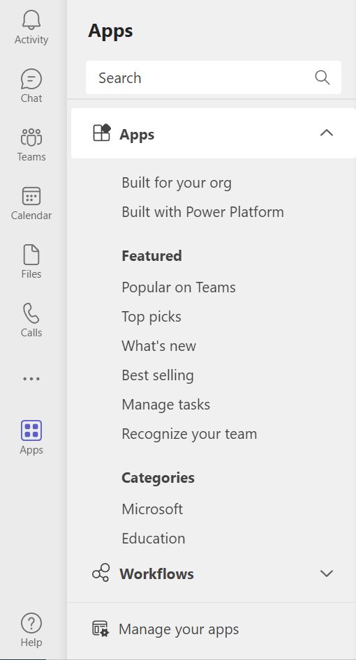 O menu Aplicativos do Equipes Microsoft, com uma caixa de pesquisa na parte superior.