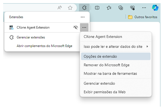 Opções, o ícone de três pontos, ao lado da extensão de navegador do CXone Agent é clicado. Outro pop-up lista a opção Mostrar na barra de ferramentas.