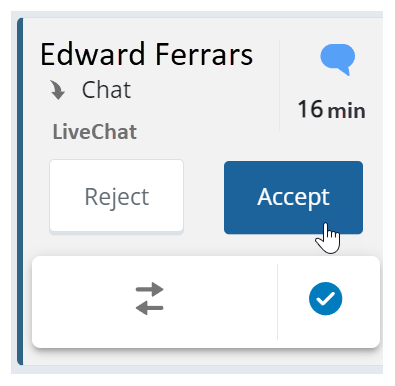 Um chat de entrada. Mostra o nome do contato, ícone de chat, tempo de fila e botões rejeitar e aceitar.