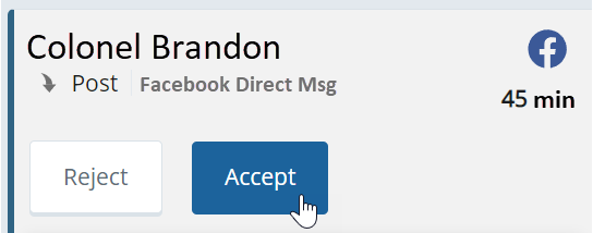 Uma mensagem de entrada do Facebook. Mostra o nome do contato, ícone do Facebook, tempo de fila e botões rejeitar e aceitar.