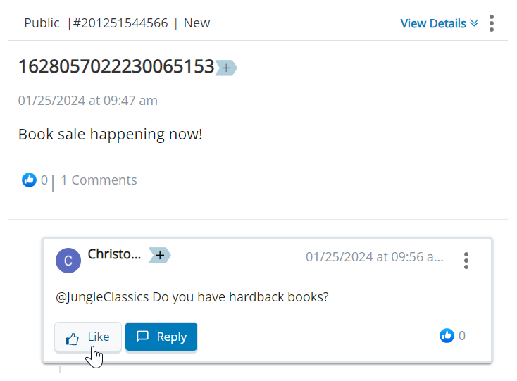 A postagem original aparece com a postagem de resposta abaixo dela. O cursor passa pela botão Curtir.