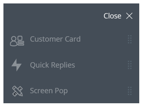 A parte superior do menu exibe os aplicativos em fonte cinza. Este exemplo lista Cartão de Cliente, Respostas rápidas e Tela pops.