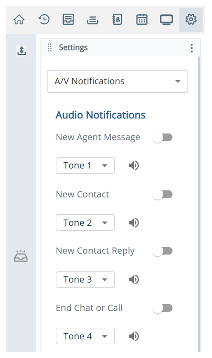 A seção Notificações de Áudio, com opções para Nova mensagem do agente, Novo contato, Nova resposta de contato e Encerrar chat ou chamada.