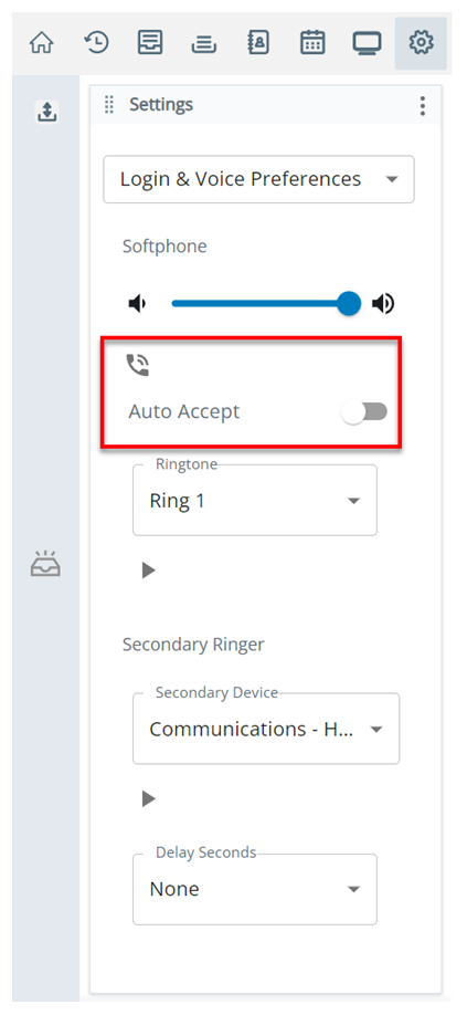 Auto Aceitar está na seção Softphone na página Preferências de login e voz em Configurações.
