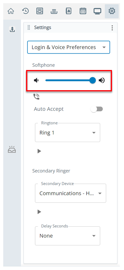 O ajuste de volume está na seção Softphone na página Preferências de login e voz em Configurações.