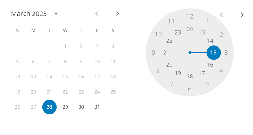 Um calendário se abre primeiro, depois um relógio.