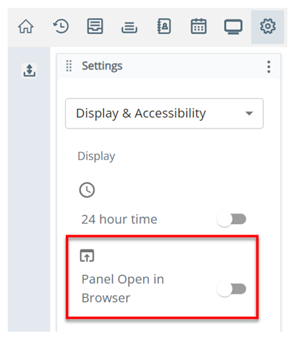 A página Exibição e Acessibilidade em Configurações. A configuração Painel aberto no navegador é a segunda de cima para baixo.
