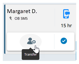 Um SMS ativo. O cursor passa sobre o ícone Transferir: uma pessoa com um sinal de mais.
