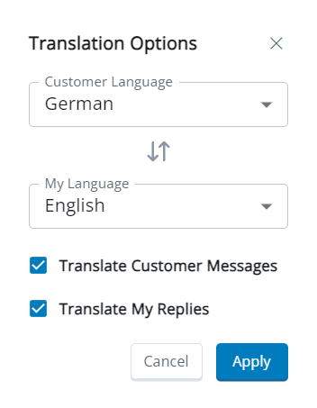 A janela pop-up Opções de tradução, com campos para Idioma do cliente, Meu idioma, Traduzir mensagens do cliente e Traduzir minhas respostas.