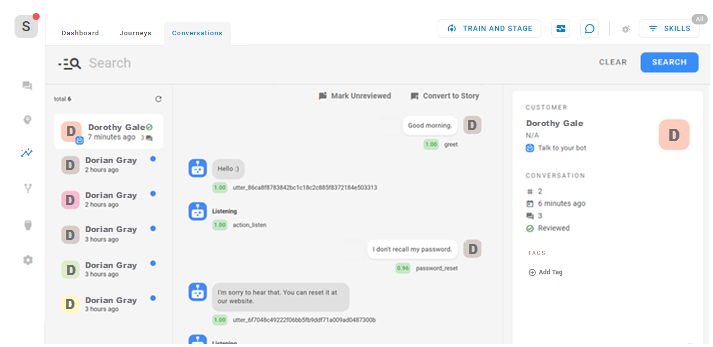 A guia Conversas, onde você pode revisar cada conversa, adicionar tags, converter em história, entre outras coisas.