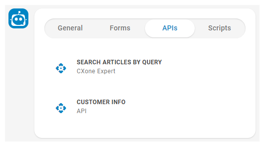 Uma janela em que você seleciona uma resposta do bot nas guias Geral, Formulários, APIs ou Scripts