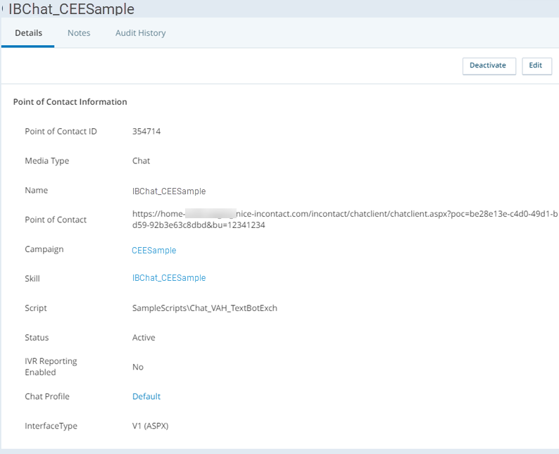 A guia Detalhes do ponto de contato criado para testar o túnel proxy de amostra. O campo Ponto de contato exibe o URL que invoca o script.