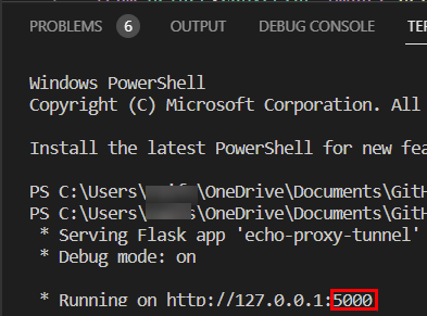 Um exemplo do resultado da execução do túnel proxy em Python. O número da porta neste exemplo é 5000.