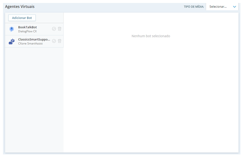 A página principal do Hub de Agente Virtual CXone tem uma lista de bots atuais à esquerda. Cada um tem um ícone de exclusão e um ícone de marca de seleção à direita do nome do bot.