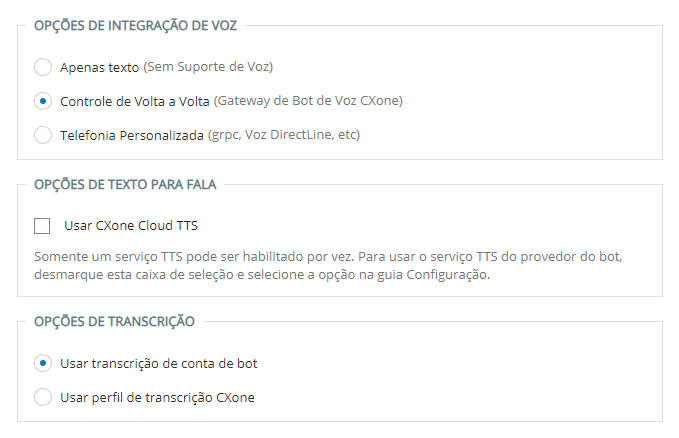 A página Voz do assistente de configuração no Hub de Agente Virtual.