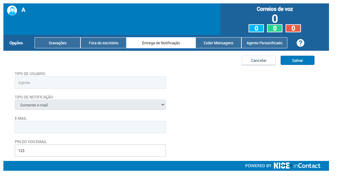 A guia 'Entrega de notificação', onde você pode selecionar como deseja CXone Attendant para que você saiba que tem novas mensagens de correio de voz.