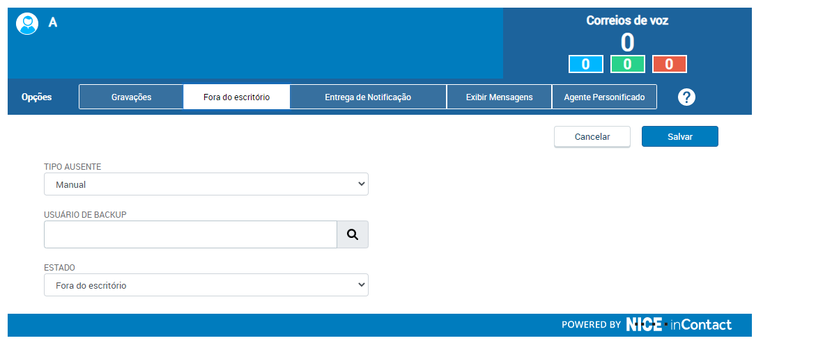 A guia Fora do escritório, onde você pode definir seu status para Fora do escritório e especificar um intervalo de datas para sua ausência, e escolher um usuário reserva para receber suas chamadas enquanto você estiver fora do escritório.