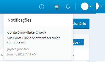 Captura de tela de uma notificação de criação de conta do Snowflake no CXone.