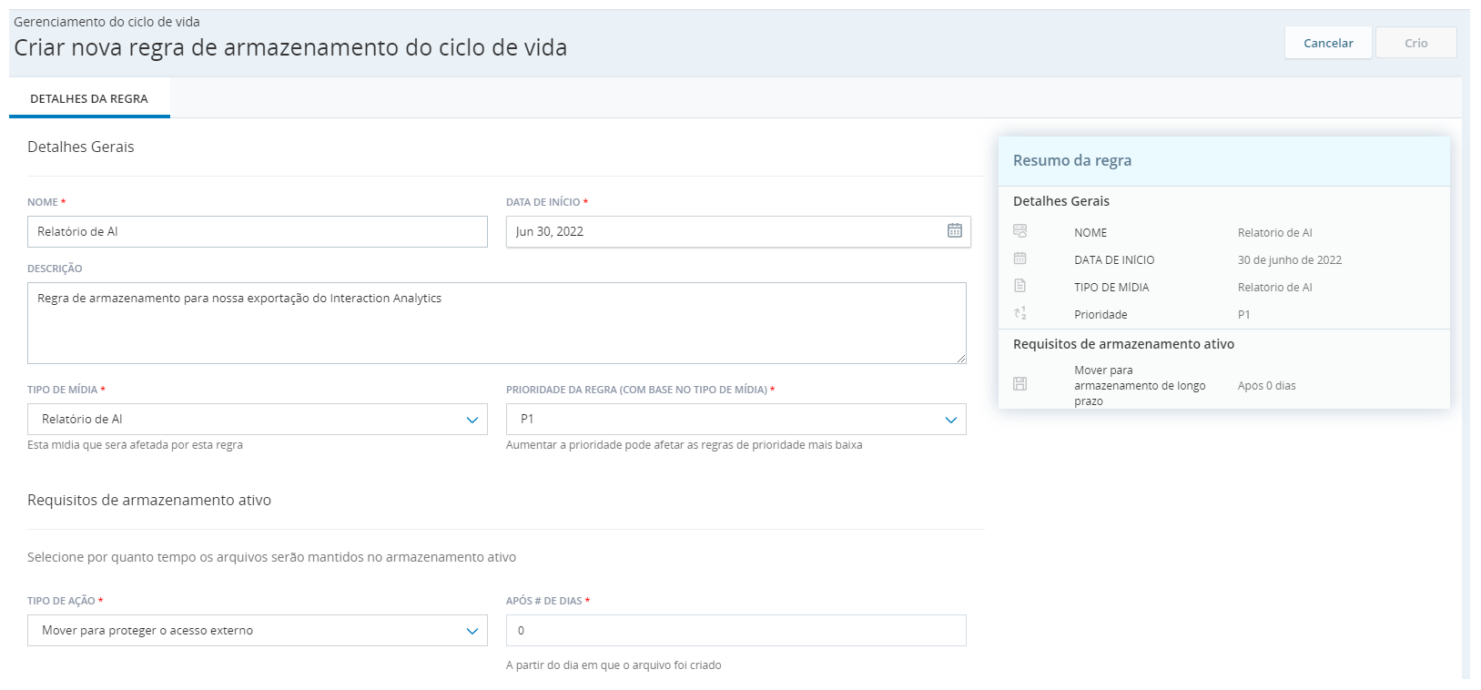 Mostra a página Criar regra no Cloud Storage Services com as configurações corretas para a exportação de IA