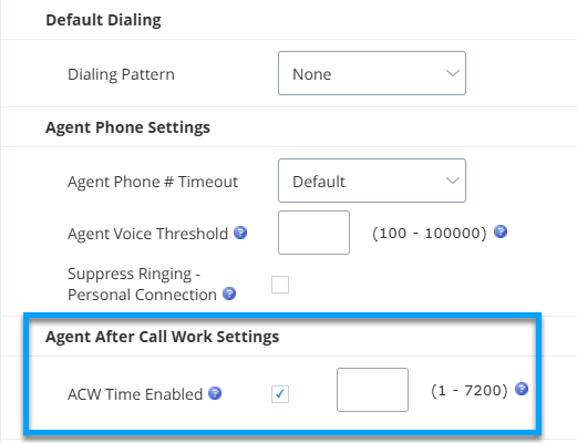 Captura de tela da nova configuração de trabalho pós-chamada para competências ACD.
