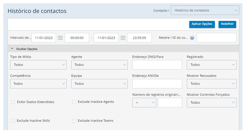 O relatório Histórico de contato com Mostrar opções expandido. Exibe campos para Tipo de mídia, Agente, Competência, Equipe e mais.