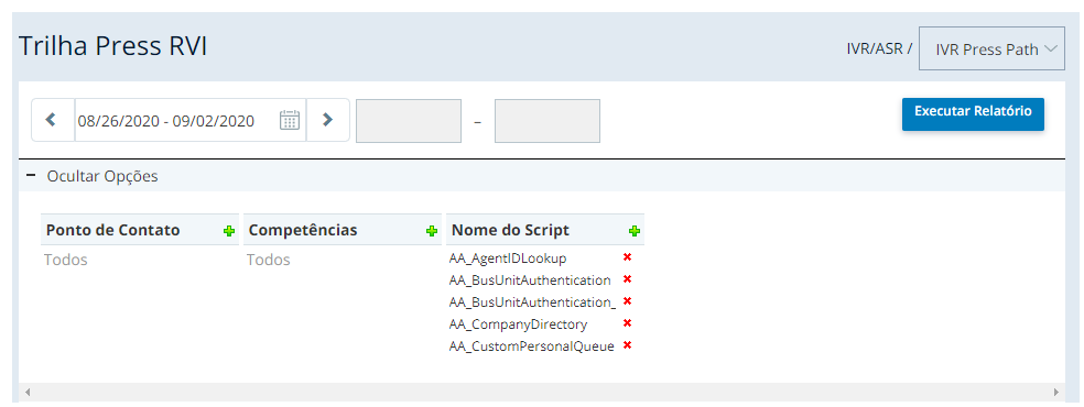 Captura de tela do relatório de Caminho de seleção IVR, com um selecionador de intervalo de datas, opções para selecionar pontos de contato, competências e nomes de script, além de um botão Executar relatório.