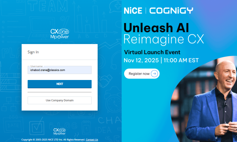 Captura de tela da página de login geral do CXone Mpower, mostrando o painel de marketing no lado direito da tela