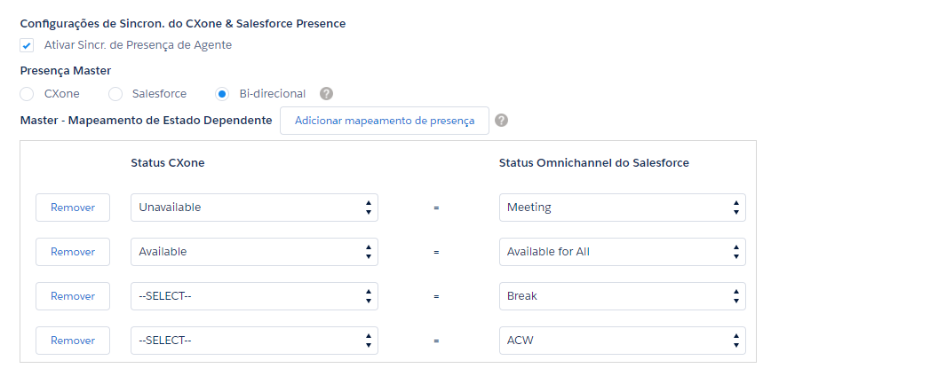 Configurações do Agente para Salesforce, com estas seções: Configurações de Sincronização de Presença do CXone e do Salesforce, Presença Master, e Mapeamentos Master - Dependentes.