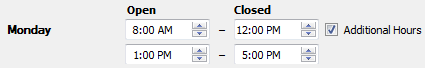 The Additional Hours selection options showing Open and Closed hours from 8:00 AM to 12:00 PM and 1:00 PM to 5:00 PM.