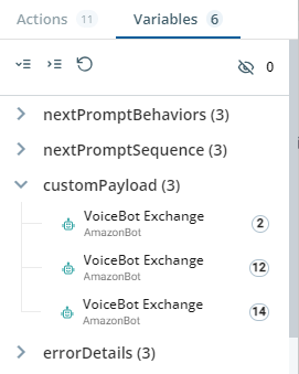 O painel de propriedades do script mostra a guia Variáveis.